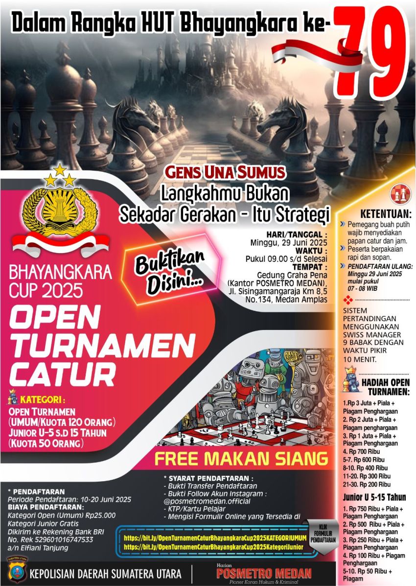 Master Catur Internasional Semarakkan Turnamen HUT ke-79 Bhayangkara Bersama Posmetro Medan