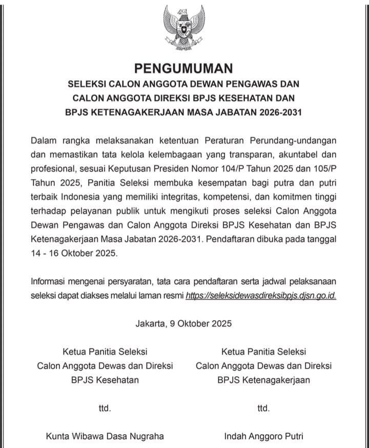 Pendaftaran Seleksi Dewan Pengawas dan Direksi BPJS Dibuka 14&ndash;16 Oktober 2025