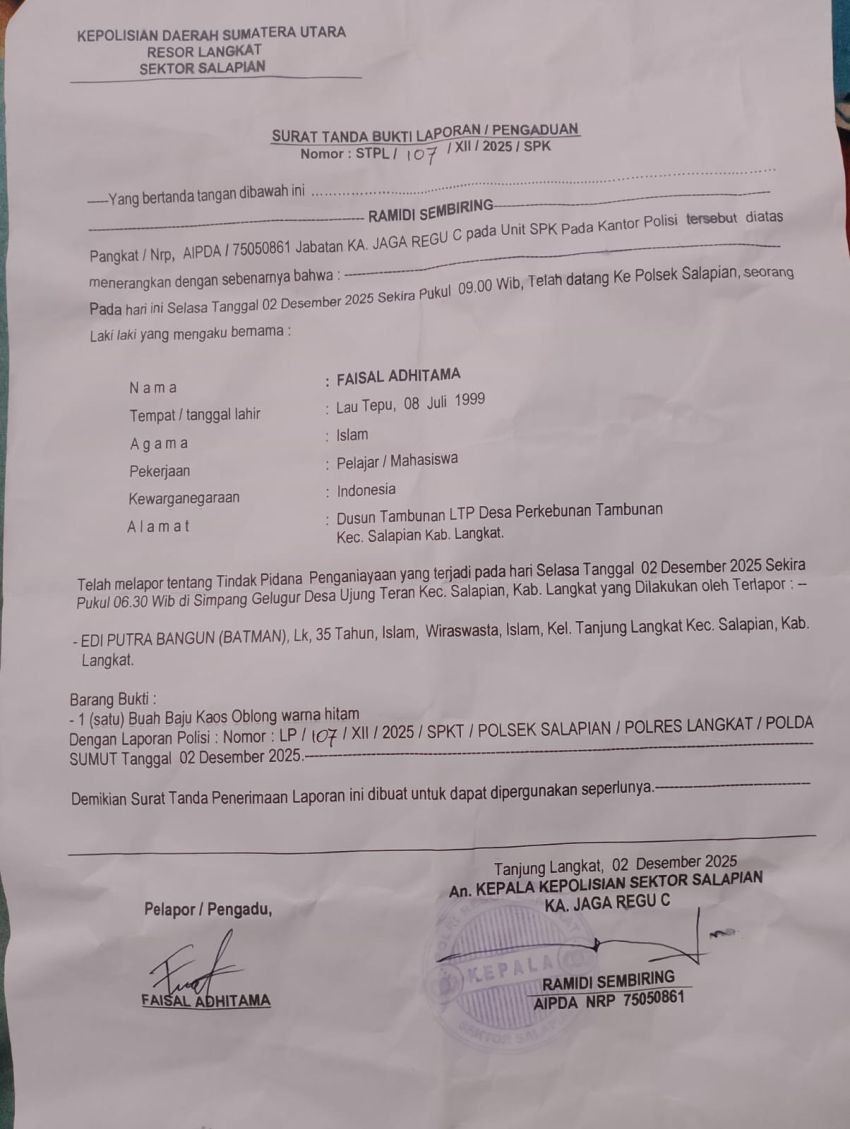 Dilaporkan Aniaya Warga, Oknum Ketua OKP di Salapian Belum Ditangkap