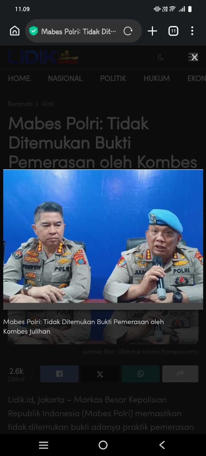 Mabes : Kabid Propam Poldasu tak Terbukti Peras Anggota