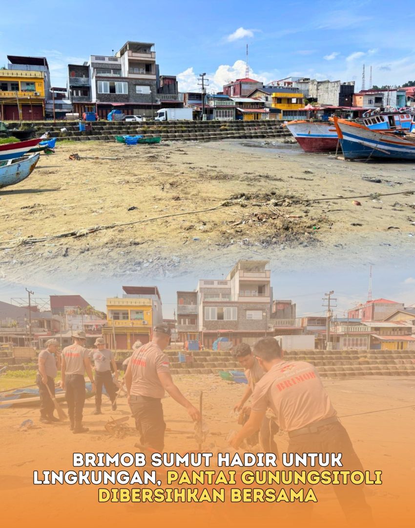 Kompi 4 Batalyon C Satuan Brimob Polda Sumut   Bersihkan Pantai Gunungsitoli