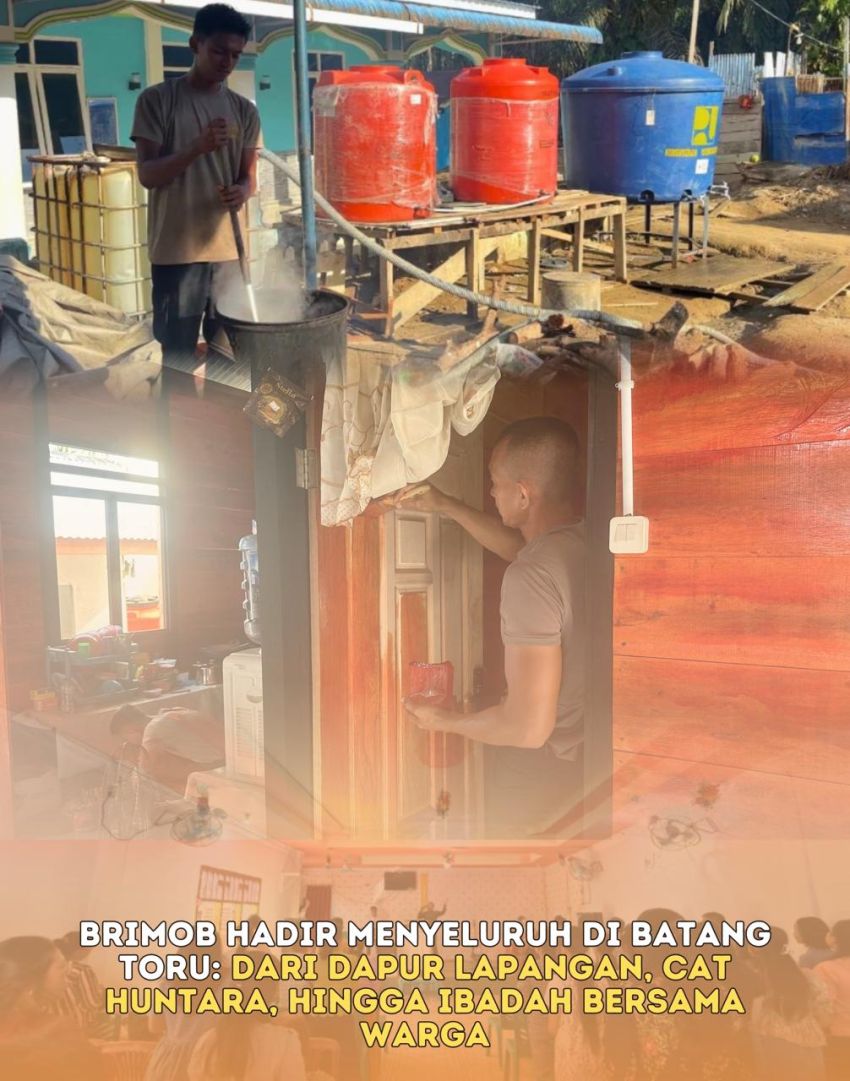Brimob Hadir Menyeluruh di Batang Toru: Dari Dapur Lapangan, Cat Huntara, hingga Ibadah Bersama Warga