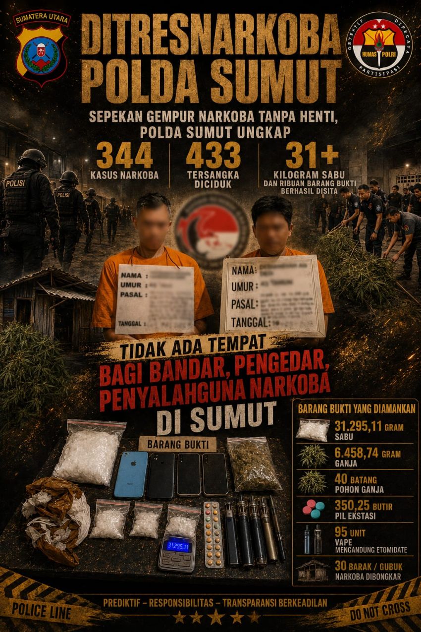 Polda Sumut Ungkap 344 Kasus Narkoba, 433 Tersangka Diciduk