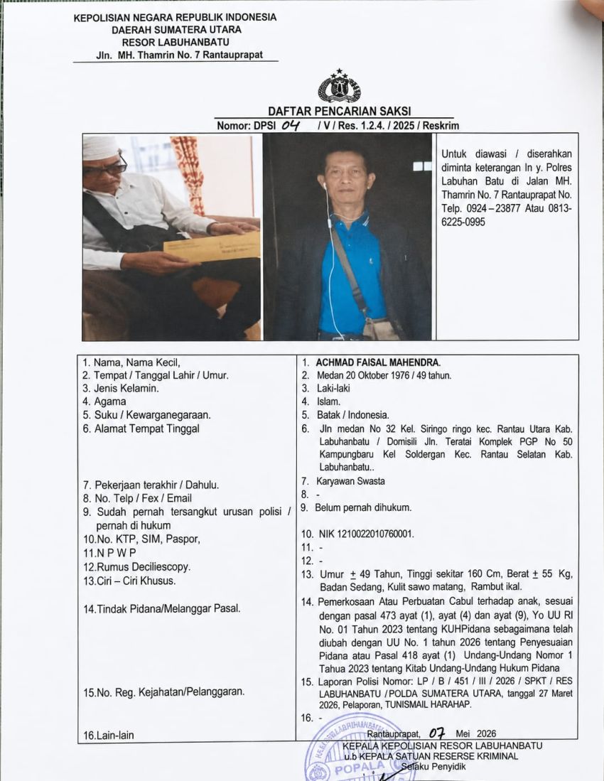 Usut Kasus Dugaan Pencabulan Anak, Polres Labuhanbatu Terbitkan DPS Achmad Faisal Mahendra