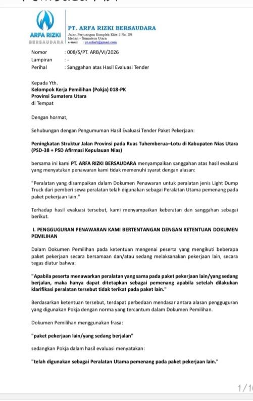 Kisruh Tender Jalan Nias Utara : Panitia & PT ARB Saling Sanggah Soal Jawaban Sanggah