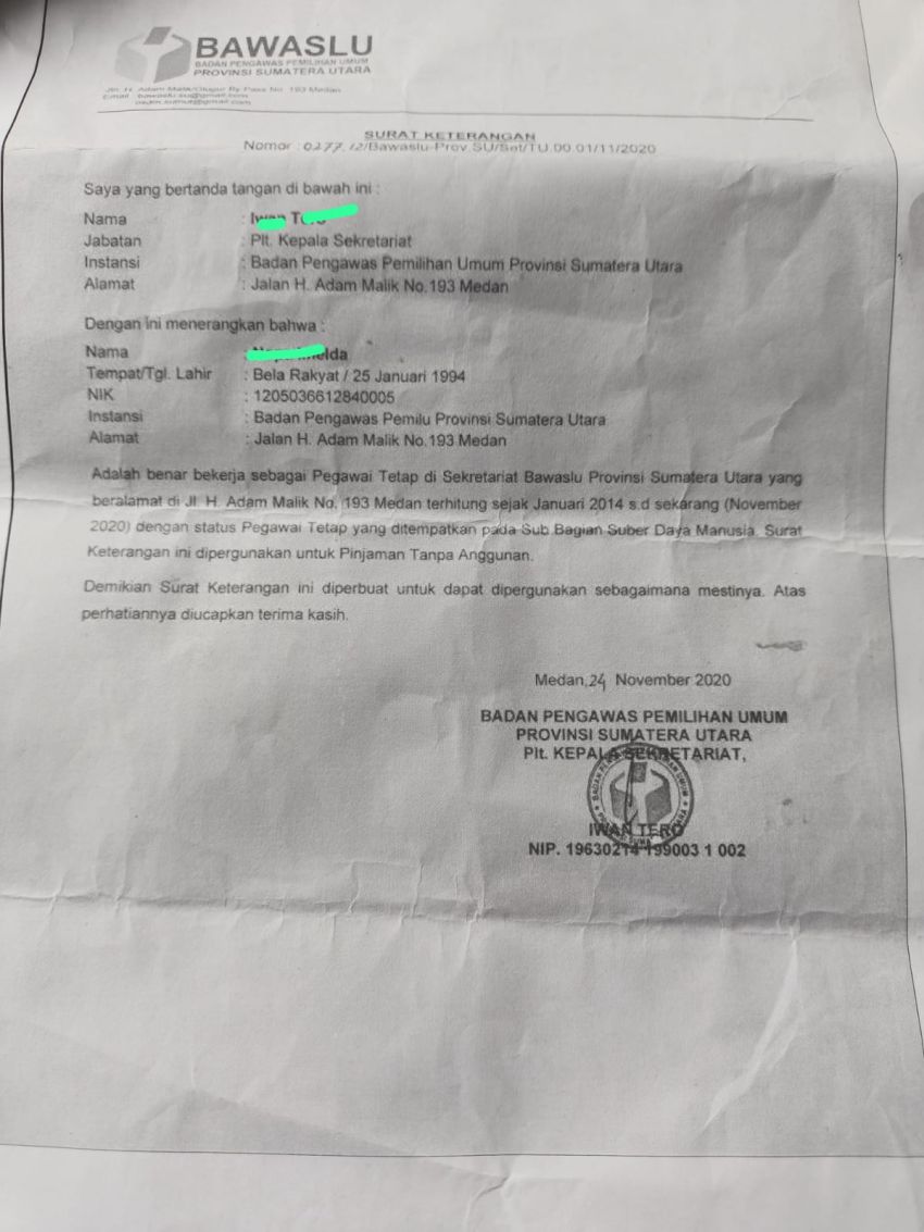 Terungkap! Petinggi Bawaslu Sumut Diduga Manipulasi Data Pegawai, Modus Ajukan Pinjaman Pegawai di Bank Pemerintah