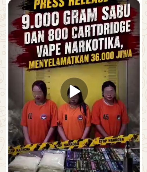 3 Kurir Cewek Ditangkap, 9 Kg Sabu dan 800 Cartridge Vape Etomidate Gagal Beredar di Medan