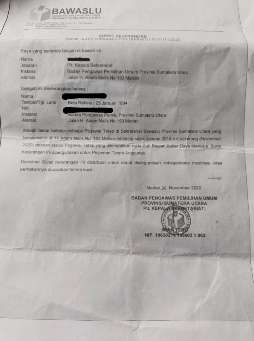 Terungkap! Petinggi Bawaslu Sumut Diduga Manipulasi Data Pegawai, Modus Ajukan Pinjaman Pegawai di Bank Pemerintah