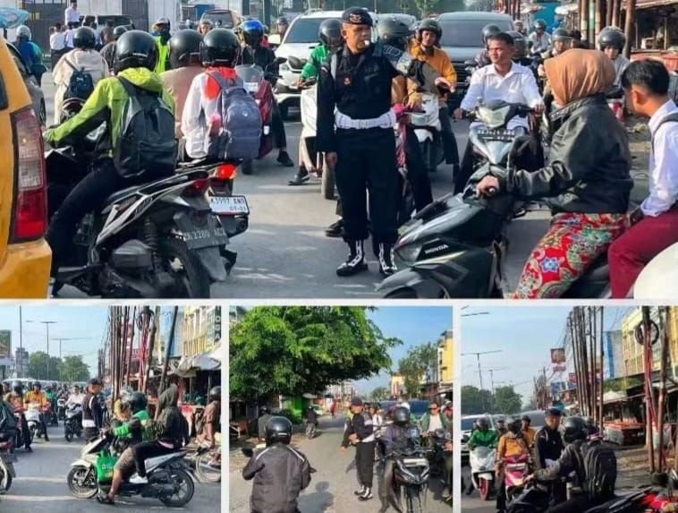 Brimob Polda Sumut Kawal Kelancaran Lalu Lintas di Simpang Pajak Tuasan