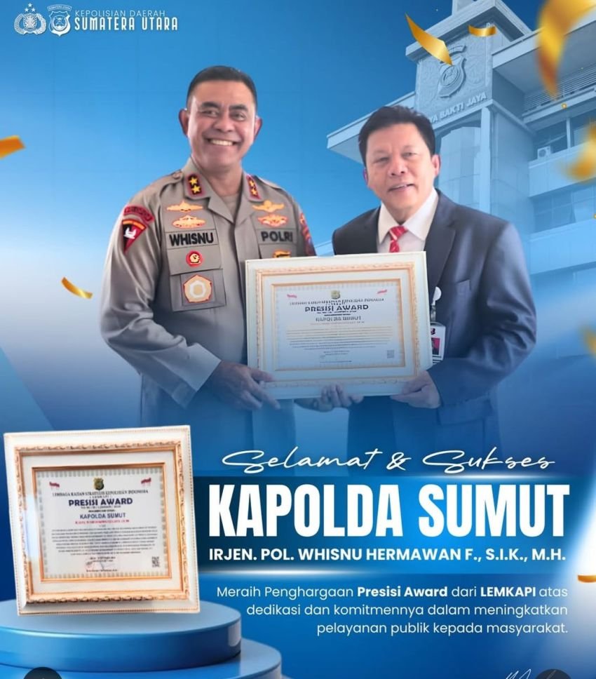 Kapolda Sumatera Utara Irjen Pol. Whisnu Hermawan Februanto, S.I.K., M.H. menerima PRESISI AWARD 2026 dari LEMK&Alpha;&Rho;&Iota;
