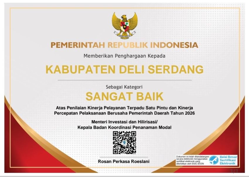 Deli Serdang Raih Penghargaan dengan Kategori Sangat Baik,  Tembus 91,728